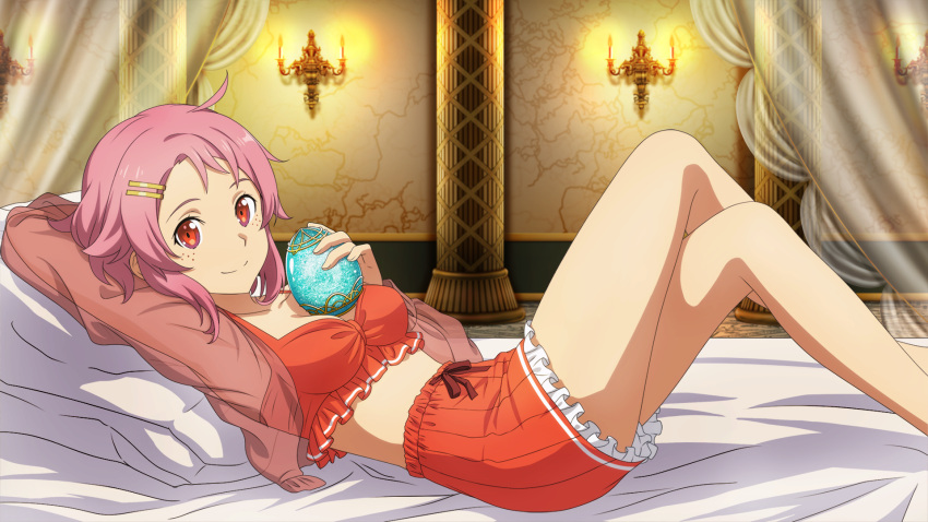 1girl arm_behind_head bare_legs bed_sheet bra breasts candelabra candlestand cleavage closed_mouth crossed_legs curtains freckles frilled_shorts frills game_cg hair_ornament hairclip highres holding indoors lisbeth_(sao) looking_at_viewer lying medium_breasts medium_hair official_art on_back orange_bra orange_shorts pillow pink_hair red_eyes sash short_shorts shorts sleepwear smile solo sword_art_online sword_art_online_last_recollection underwear