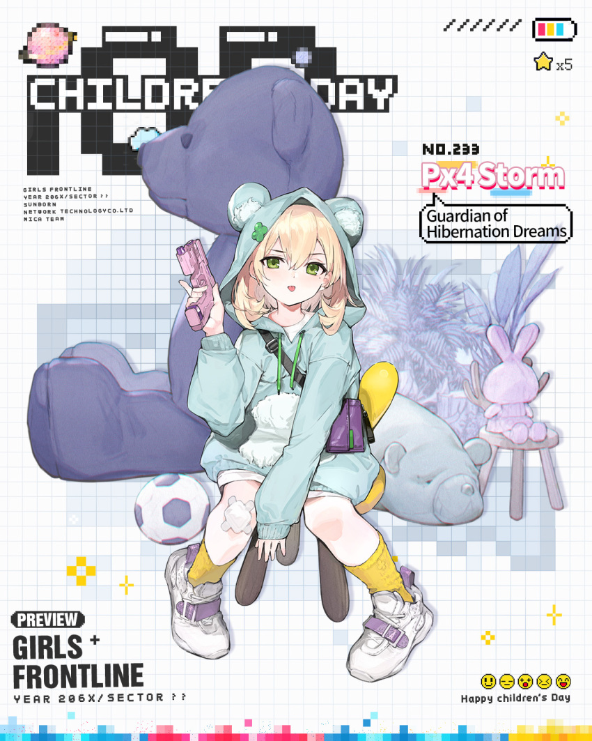 1girl aged_down animal_ear_hood animal_ears ball bandaid bandaid_on_knee bandaid_on_leg battery_indicator bear_ears beretta_px4 between_legs blonde_hair blue_hoodie blush character_name children's_day clover company_name copyright_name drawstring fake_animal_ears four-leaf_clover full_body girls'_frontline green_eyes grid_background gun hair_between_eyes hand_between_legs handgun highres holding holding_gun holding_weapon hood hoodie long_sleeves looking_at_viewer medium_hair official_alternate_costume official_art on_stool planet plant potted_plant purple_bag px4_storm_(girls'_frontline) px4_storm_(guardian_of_hibernation_dreams)_(girls'_frontline) rainli second-party_source shirt shoes sitting sleeves_past_wrists sneakers soccer_ball socks solo star_(symbol) stool stuffed_animal stuffed_rabbit stuffed_toy teddy_bear tongue tongue_out trigger_discipline weapon white_footwear white_shirt yellow_socks