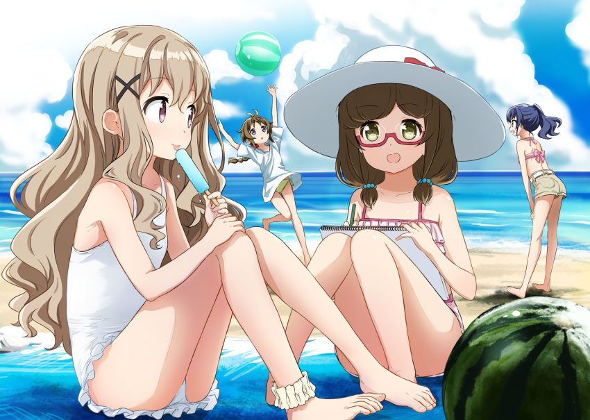 4girls :d abe_kanari alternate_costume ankle_cuffs aoki_momo arms_up ball beach beachball bikini_bottom blanket blue_eyes blue_hair blue_sky braided_ponytail brown_eyes brown_hair brown_shorts cloud collarbone commentary_request day eating food from_side fruit green_eyes hair_bobbles hair_ornament hands_on_own_thighs hat high_school_fleet holding_sketchbook horizon knees_together_feet_apart leaning_back leaning_forward light_brown_hair long_hair looking_at_another looking_up low_twintails multiple_girls ocean on_ground one-piece_swimsuit open_mouth outdoors pink_bikini_top pink_swimsuit ponytail popsicle red-framed_eyewear semi-rimless_eyewear shirt short_hair short_sleeves shorts sideways_glance sitting sketchbook sky smile standing sun_hat swimsuit t-shirt tongue tongue_out twintails uda_megumi under-rim_eyewear very_long_hair watermelon wazumi_hime white_shirt white_swimsuit x_hair_ornament yagi_tsugumi yellow_bikini_bottom