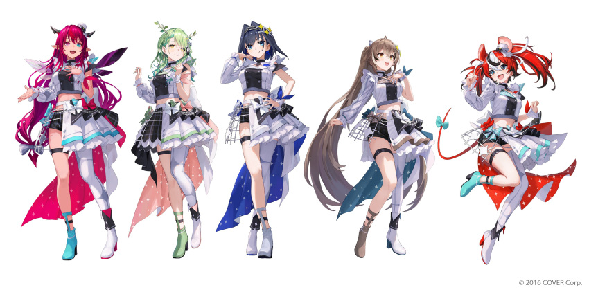 5girls absurdres animal_ear_fluff antlers black_hair blue_eyes blue_hair brown_hair ceres_fauna deer_antlers grey_hair hakos_baelz highres hololive hololive_english hololive_idol_uniform_(bright) horns irys_(hololive) irys_(irys_2.0)_(hololive) matsuo_shogo midriff mouse_girl mouse_tail multicolored_hair multiple_girls nanashi_mumei official_alternate_costume official_art ouro_kronii ponytail purple_hair red_hair sharp_teeth simple_background streaked_hair tail teeth twintails two-tone_hair virtual_youtuber white_hair yellow_eyes