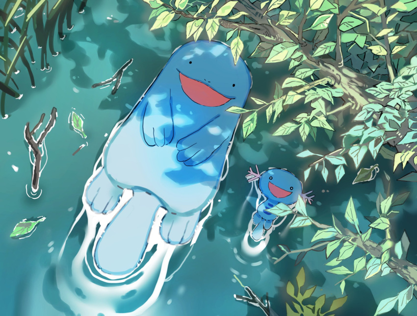 :d afloat aisutabetao branch full_body highres lake leaf looking_at_viewer no_humans open_mouth outdoors pokemon pokemon_(creature) quagsire shadow smile stick tail water wooper