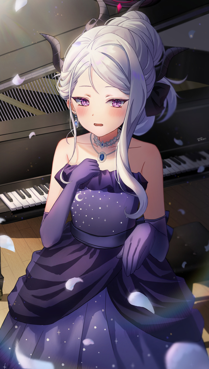 1girl absurdres black_horns blue_archive blush collarbone dangle_earrings demon_horns dress earrings elbow_gloves flat_chest gloves grand_piano grey_hair halo highres hina_(blue_archive) hina_(dress)_(blue_archive) horns instrument jewelry long_hair looking_at_viewer m0_0m_c multiple_horns necklace official_alternate_costume official_alternate_hairstyle open_mouth pendant piano piano_keys purple_dress purple_eyes purple_gloves solo strapless strapless_dress