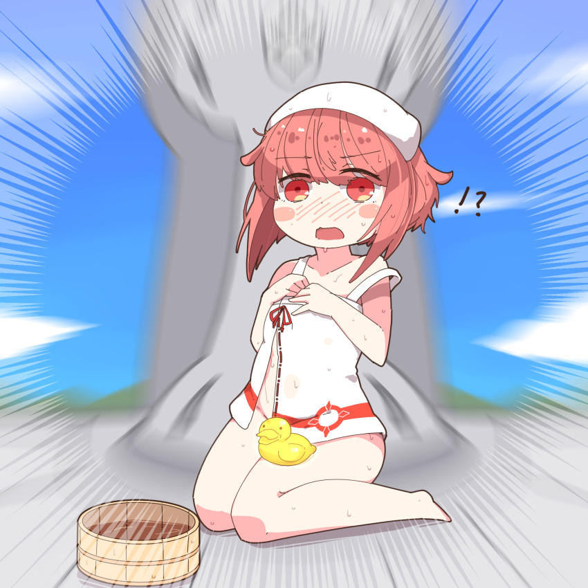 1girl blush blush_stickers bucket dress fire_emblem fire_emblem_heroes fire_emblem_if full_body highres horoyuki_(gumizoku) open_mouth pink_eyes pink_hair rubber_duck sakura_(fire_emblem_if) short_dress short_hair sitting solo towel towel_on_head white_dress wooden_bucket