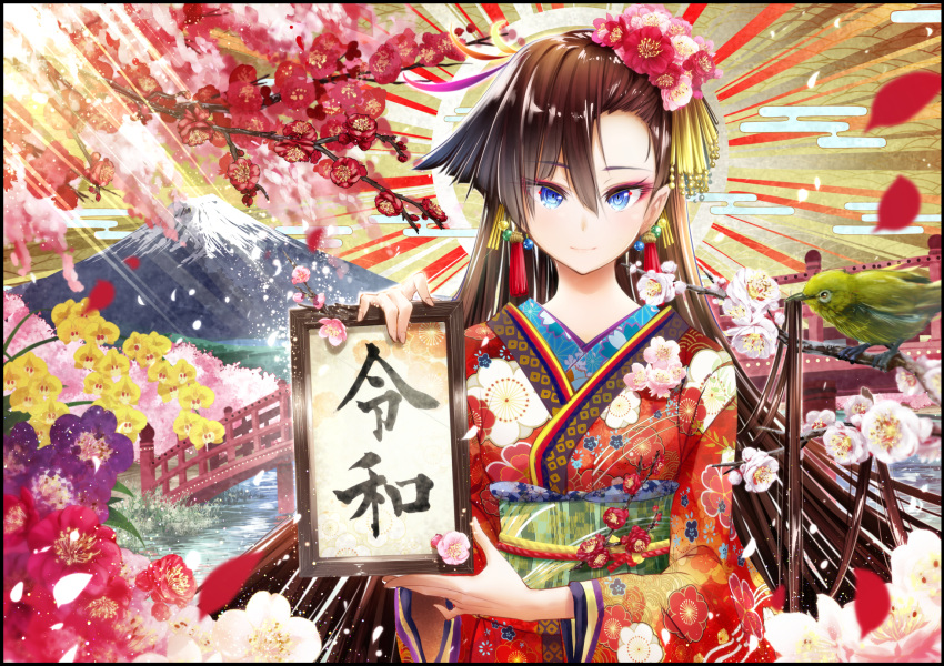 1girl bird blue_eyes bridge brown_hair cluseller flower hair_flower hair_ornament highres holding holding_sign japanese_clothes kimono long_hair looking_at_viewer mount_fuji original plum_blossoms red_kimono reiwa sign smile solo tsurime warbling_white-eye