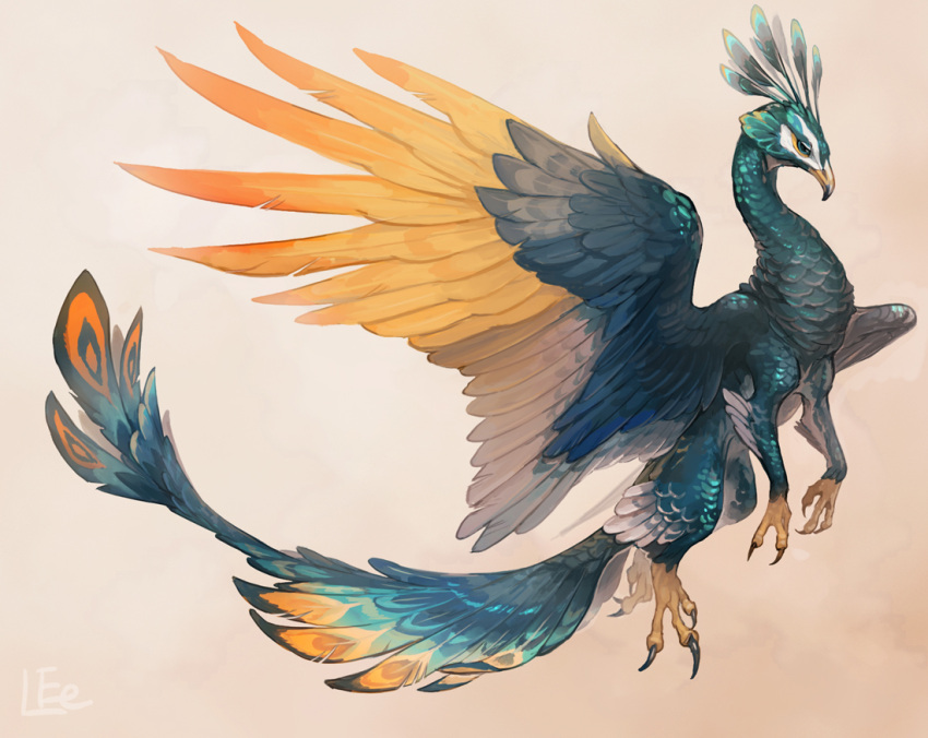 animal_focus beak bird bird_tail chimera claws commentary_request creature feathered_wings from_side full_body green_eyes griffin no_humans original peacock solo tail talons wings yamamura_le