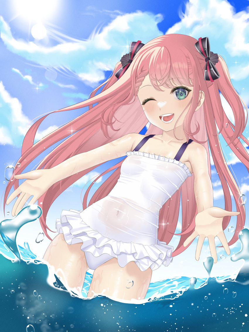 1girl :d absurdres aimi_hada ass_visible_through_thighs bare_arms black_bow blue_sky blush bow braid breasts bubble cloud cloudy_sky collarbone commentary covered_navel frilled_one-piece_swimsuit frills green_eyes hair_bow highres long_hair looking_at_viewer nagamma one-piece_swimsuit pink_hair princess reaching reaching_towards_viewer sedai_one see-through_swimsuit sidelocks single_braid skin_tight sky small_breasts smile solo spanish_commentary sparkle splashing sun sunlight swimsuit teeth two_side_up virtual_youtuber wading water wet wet_clothes wet_swimsuit white_one-piece_swimsuit