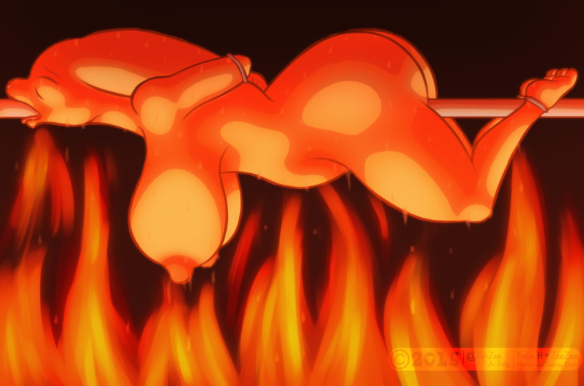 2015 4_toes 5_fingers all_the_way_through anthro bdsm big_breasts black_background breasts butt cooking_with_furs copyright_symbol death feet female fingers fire kris_h lagomorph leporid mammal nipples rabbit simple_background solo symbol toes