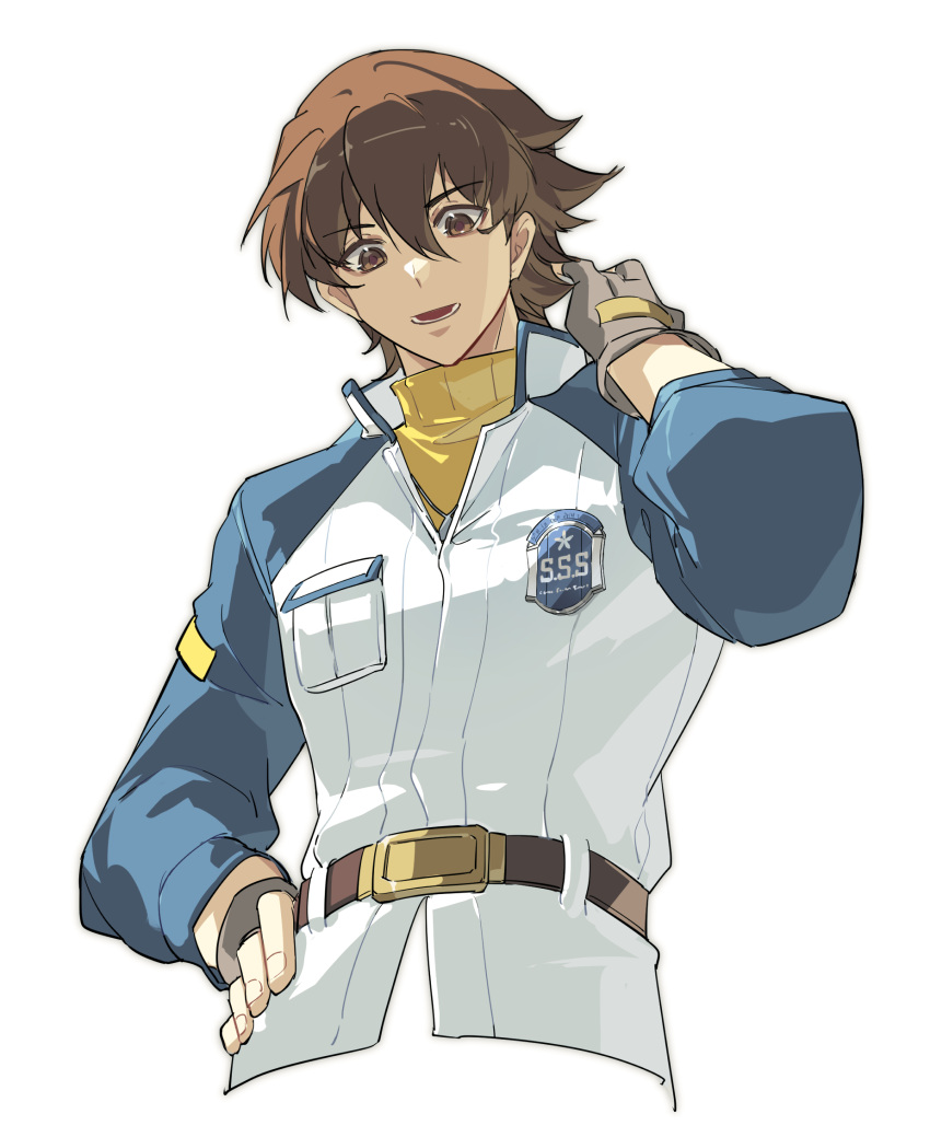 1boy arm_behind_head belt blue_trim brown_eyes brown_hair collar commentary_request cropped_torso eien_galaxy_ko eiyuu_densetsu fingerless_gloves gloves grey_gloves hair_between_eyes hand_on_own_hip highres jacket lloyd_bannings male_focus open_mouth short_hair simple_background solo sweater teeth turtleneck turtleneck_sweater white_background white_jacket yellow_sweater zero_no_kiseki