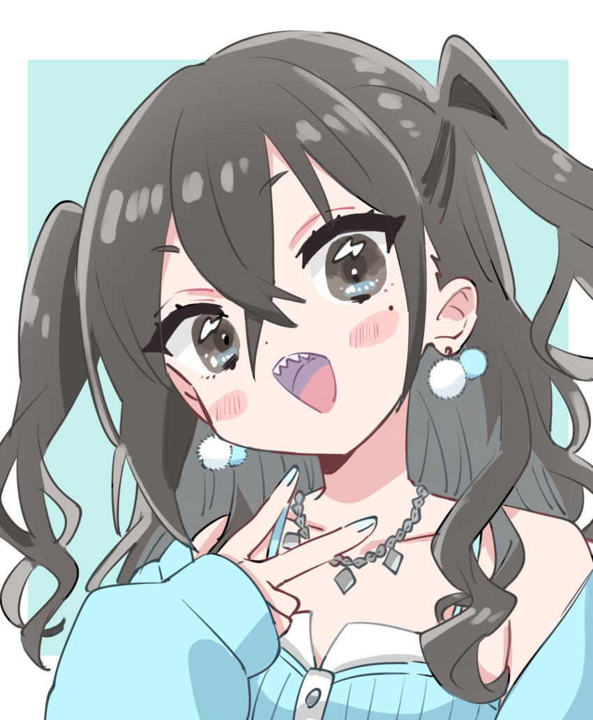 1girl bare_shoulders black_eyes black_hair blue_nails blue_shirt blush_stickers earrings hair_between_eyes highres idolmaster idolmaster_cinderella_girls jewelry looking_at_viewer mole mole_under_eye necklace open_mouth saito_katuo sharp_teeth shirt sleeves_past_wrists smile solo sunazuka_akira teeth two_side_up upper_body v