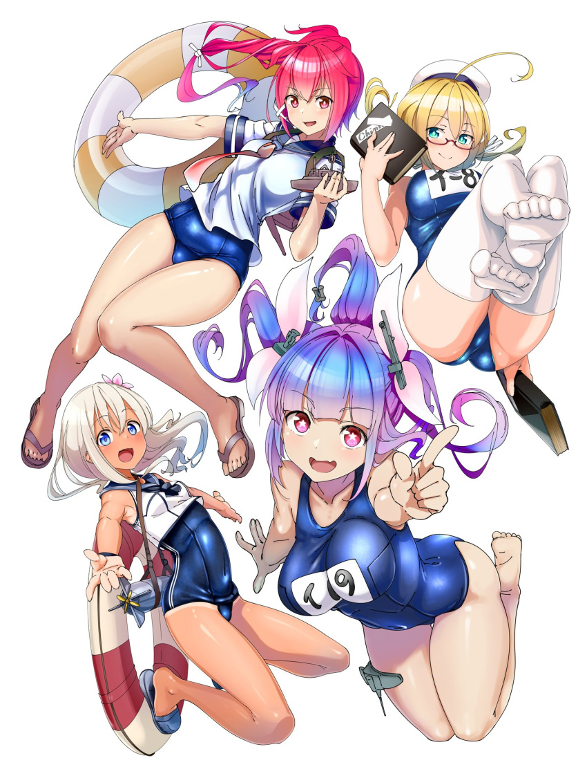 4girls ahoge ass bangs bare_legs bare_shoulders barefoot blonde_hair blue_eyes blue_hair blush book bracelet breasts closed_mouth collarbone commentary_request covered_navel crop_top eyebrows_visible_through_hair fang flip-flops flower full_body glasses hair_between_eyes hair_flower hair_ornament hair_ribbon hat highres holding i-168_(kantai_collection) i-19_(kantai_collection) i-8_(kantai_collection) innertube jewelry kantai_collection large_breasts legs lifebuoy long_hair looking_at_viewer low_twintails multiple_girls name_tag one-piece_swimsuit one-piece_tan open_mouth peaked_cap ponytail red-framed_eyewear red_eyes red_hair ribbon ro-500_(kantai_collection) sailor_collar sailor_hat sandals school_swimsuit school_uniform semi-rimless_eyewear serafuku simple_background smile star star-shaped_pupils swimsuit swimsuit_under_clothes symbol-shaped_pupils tan tanline tatsu_shinomu thighhighs thighs torpedo tri_tails twintails under-rim_eyewear white_background white_hair white_legwear