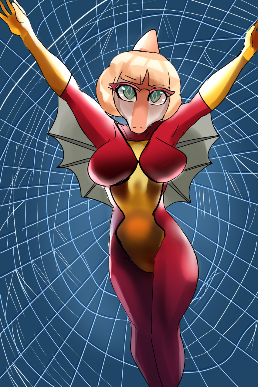 2024 2:3 5_fingers anthro blonde_hair bodysuit breasts clothing cosplay digital_drawing_(artwork) digital_media_(artwork) dinosaur eyewear female fingers front_view glasses goodbye_volcano_high hadrosaurid hair hi_res looking_at_viewer marvel multicolored_body multicolored_scales naomi_(gvh) orange_body orange_scales ornithischian parasaurolophus reptile rexhastala scales scalie short_hair simple_background skinsuit solo spider-man_(series) spider-woman spider_web teal_eyes tight_clothing two_tone_body two_tone_scales