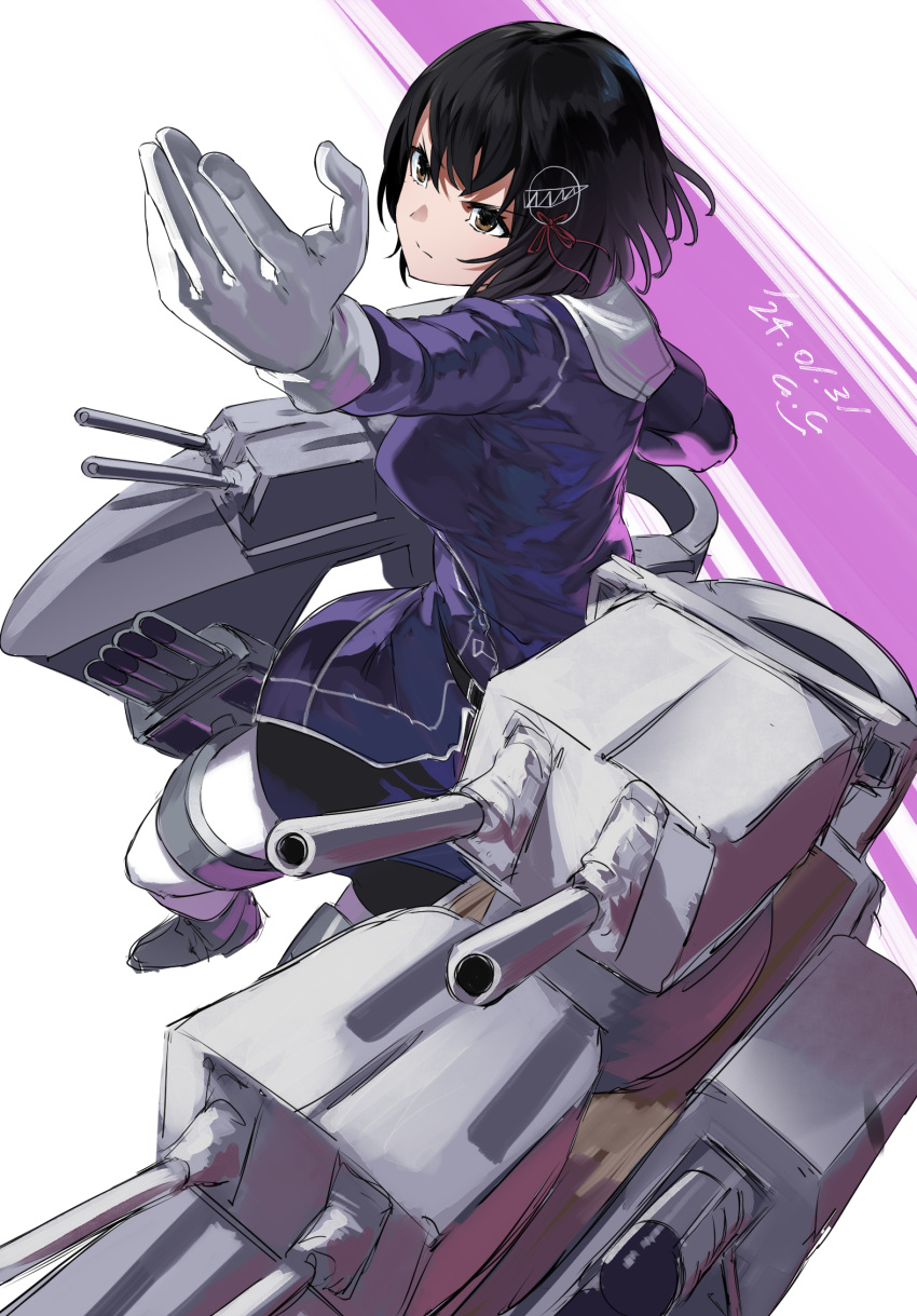 1girl black_hair black_skirt breasts brown_eyes cannon dated gegeron gloves haguro_(kancolle) haguro_kai_ni_(kancolle) hair_ornament highres jacket kantai_collection long_sleeves military military_uniform pantyhose pencil_skirt purple_jacket rigging short_hair signature skirt solo torpedo_launcher turret uniform white_background white_gloves white_pantyhose