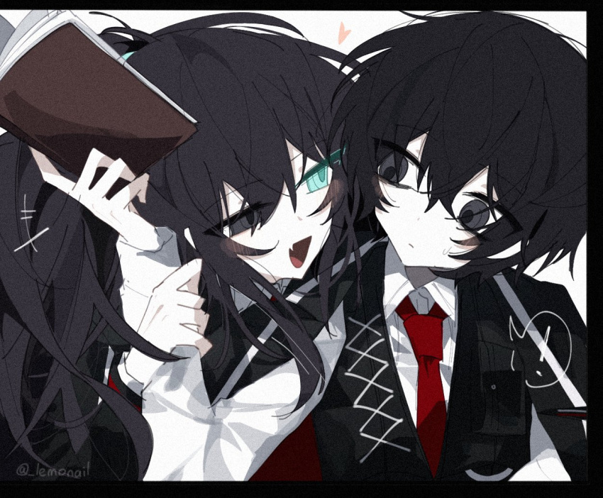 2boys black_coat black_eyes black_hair black_vest blush book closed_mouth coat coat_on_shoulders collared_shirt fang high_ponytail holding holding_book hong_lu_(project_moon) lemonail limbus_company long_hair looking_to_the_side multiple_boys necktie open_mouth project_moon red_necktie shirt simple_background skin_fang smile upper_body very_long_hair vest white_background white_shirt yi_sang_(project_moon)