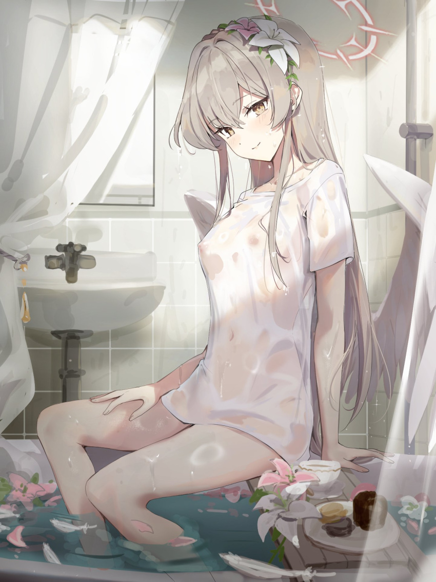 1girl bathroom bathtub blue_archive breasts closed_mouth collarbone commentary_request commission covered_navel covered_nipples crossed_bangs feathered_wings flower hair_between_eyes hair_flower hair_ornament halo highres ikanyoikanikan indoors large_wings long_hair looking_at_viewer nagisa_(blue_archive) naked_shirt navel nipples red_halo see-through see-through_shirt shirt short_sleeves sitting skeb_commission small_breasts smile soaking_feet solo very_long_hair white_flower white_wings wings yellow_eyes