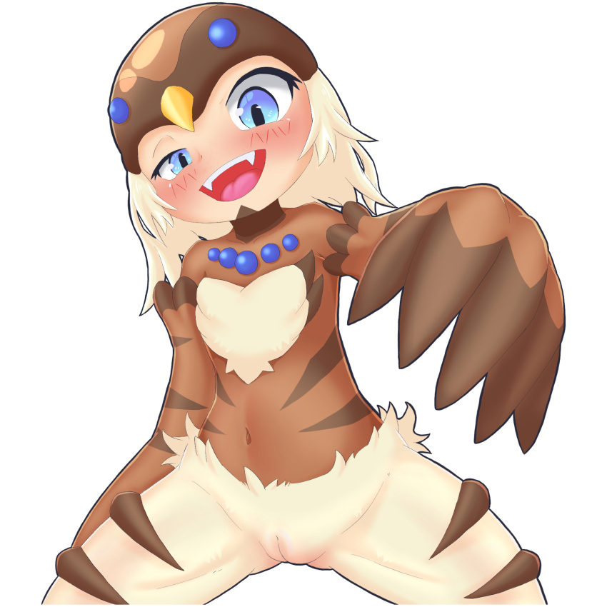 1girl bird_hat bird_hood blonde_hair blue_eyes blush brown_wings commentary_request covered_navel duel_monster fangs feather_fingers harpy highres long_hair looking_at_viewer lyrilusc_-_cobalt_sparrow monster_girl open_mouth pussy simple_background solo suzuki_(pixiv_94103823) uncensored white_background winged_arms wings yu-gi-oh!