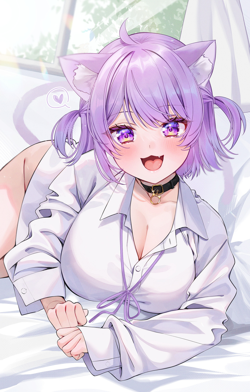 1girl :3 :d absurdres ahoge animal_ear_fluff animal_ears belt_collar black_collar blush breasts cat_ears cat_girl cat_tail cleavage collar fang heart highres hololive large_breasts looking_at_viewer naked_shirt neck_ribbon nekomata_okayu nekomata_okayu_(oversized_shirt) official_alternate_costume open_mouth purple_eyes purple_hair purple_ribbon ribbon shirt short_hair smile spoken_heart tail two_side_up virtual_youtuber white_shirt yuuyu_(moco20111115)