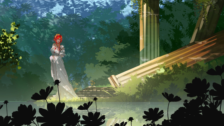 1girl breasts bush cabernet_(path_to_nowhere) chinese_commentary chunri_yuanshan commentary dated dress full_body gem gold_circlet gold_trim hair_ornament highres jewelry leaf long_dress long_hair medium_breasts mole mole_under_mouth necklace official_alternate_costume outdoors overgrown path_to_nowhere pillar pond red_gemstone red_hair red_lips solo stairs tree updo white_dress