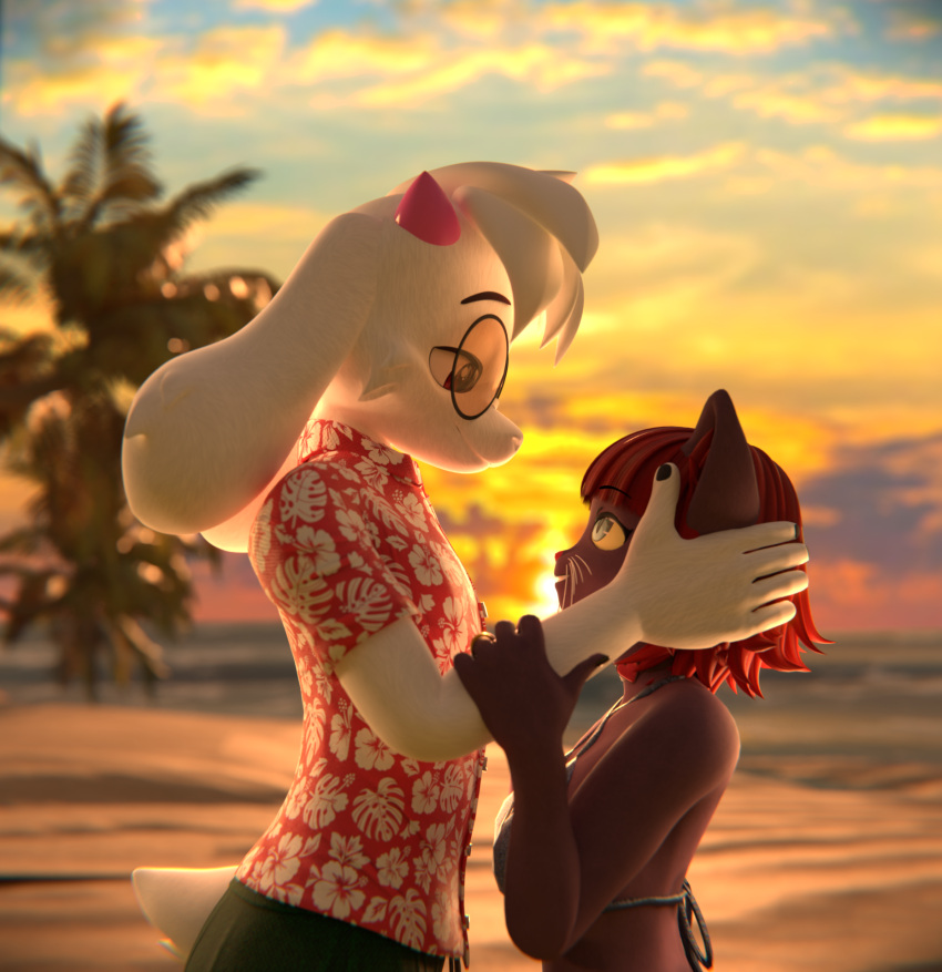 3d_(artwork) anthro beach bikini blender_(software) bovid caprine clothing deltarune digital_media_(artwork) duo eye_contact felid feline female goat hand_on_arm hand_on_head hi_res looking_at_another looking_at_partner lucky_(ralsei746) male male/female mammal ralsei relsei_(ralsei746) seaside size_difference smaller_female sunset swimwear sykonejo taller_male undertale_(series) wholesome