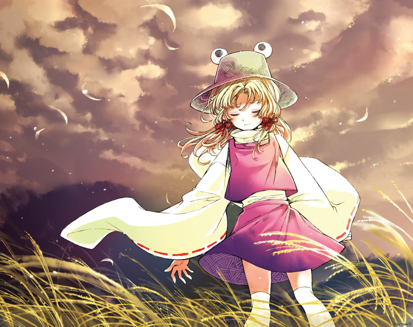 1girl blonde_hair brown_sky closed_eyes closed_mouth cloud cloudy_sky facing_viewer field hair_ribbon hat highres light_smile long_hair long_sleeves miniskirt moriya_suwako outdoors over-kneehighs petals purple_skirt purple_vest red_ribbon ribbon ribbon-trimmed_sleeves ribbon_trim rice ryuuta_(akatukiryoka) shirt skirt skirt_set sky solo standing thighhighs touhou turtleneck twilight twitter_username vest white_legwear white_shirt wide_sleeves wind