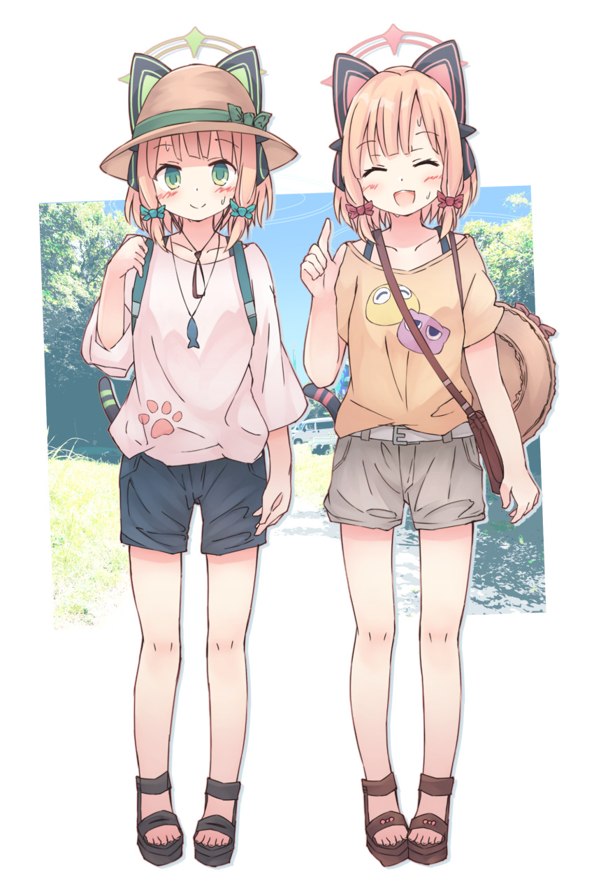 2girls absurdres alternate_costume animal_ear_headphones animal_ears backpack bag black_footwear black_shorts blonde_hair blue_archive blush bow brown_footwear cat_ear_headphones cat_tail fake_animal_ears full_body green_bow green_eyes green_halo grey_shorts hair_bow halo hand_up hat headphones highres index_finger_raised kamotsu_yasai looking_at_viewer low-tied_sidelocks midori_(blue_archive) momoi_(blue_archive) multiple_girls open_mouth outdoors paw_print photo_background pink_halo print_shirt red_bow sandals shirt short_hair shorts shoulder_bag siblings sisters smile straw_hat sweat tail twins white_background white_shirt yellow_shirt