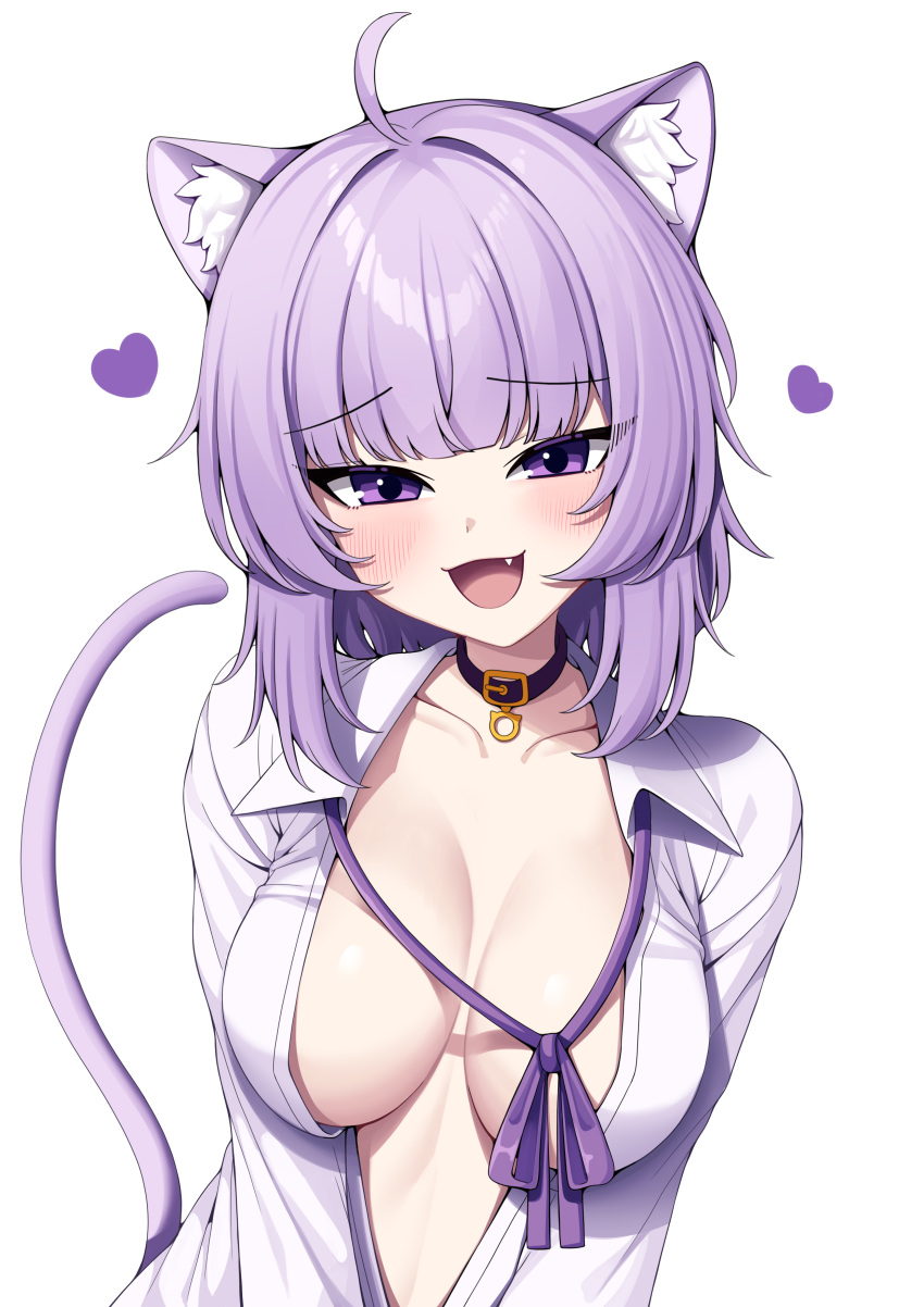 1girl :d absurdres ahoge animal_collar animal_ear_fluff animal_ears blush breasts cat_ears cat_girl cat_tail cleavage collar collarbone collared_shirt dress_shirt fang hair_between_eyes heart highres hololive large_breasts long_sleeves looking_at_viewer metaljelly neck_ribbon nekomata_okayu nekomata_okayu_(oversized_shirt) no_bra official_alternate_costume open_clothes open_mouth open_shirt purple_collar purple_eyes purple_hair purple_ribbon revision ribbon shirt short_hair simple_background smile solo tail upper_body virtual_youtuber white_background white_shirt