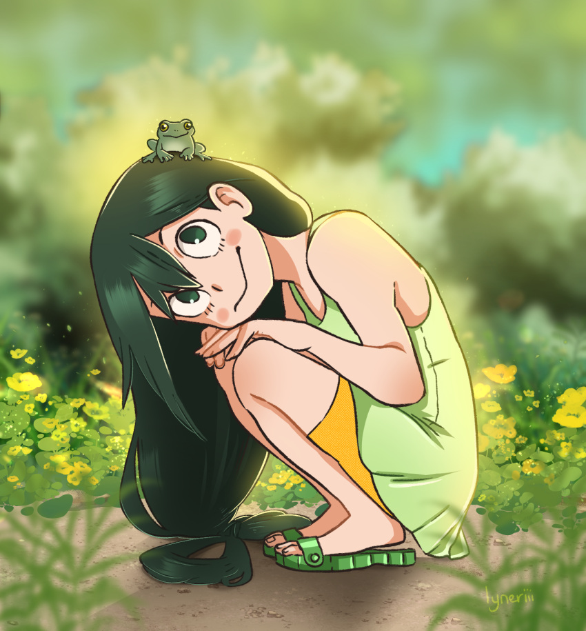 1girl animal animal_on_head artist_name asui_tsuyu bare_shoulders boku_no_hero_academia bow-shaped_hair closed_mouth day dress flower frog frog_on_head from_side green_dress green_eyes green_footwear green_hair hands_on_own_knees happy highres long_hair looking_at_viewer lyneriii on_head outdoors sandals shorts signature smile solo squatting yellow_flower yellow_shorts