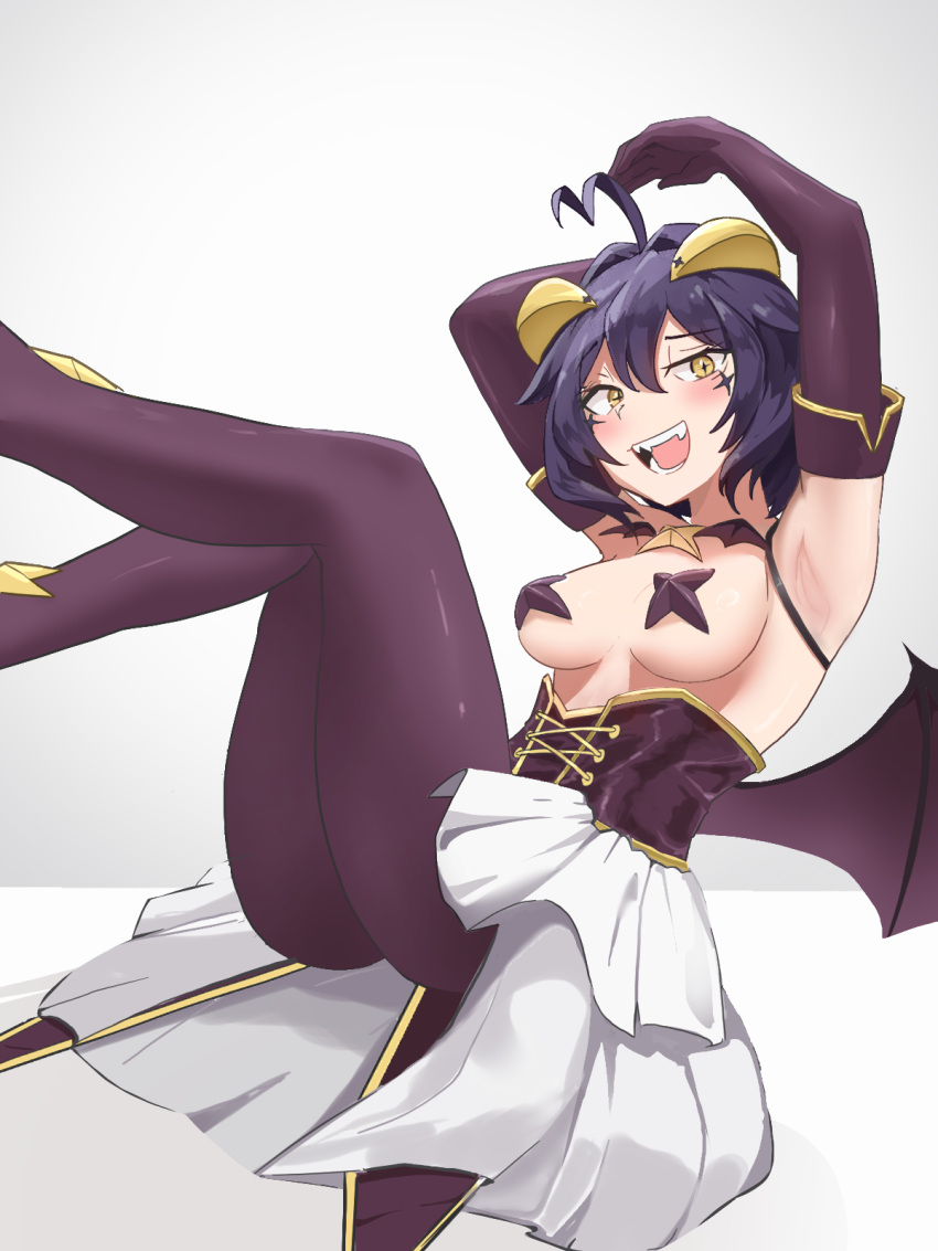 1girl ahoge arms_up black_hair breastless_clothes breasts corset cross-shaped_pupils cross_facial_mark cross_pasties demon_wings elbow_gloves fangs forward_facing_horns gloves highres hiiragi_utena horns low_wings magia_baiser magical_girl mahou_shoujo_ni_akogarete medium_breasts mikkotine open_mouth pants pasties purple_corset purple_gloves purple_pants purple_pasties short_hair showgirl_skirt solo symbol-shaped_pupils wings yellow_eyes yellow_horns