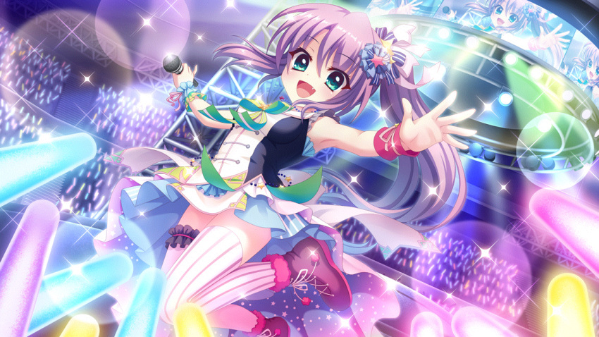1girl aqua_eyes audience blue_dress blue_skirt blue_wrist_cuffs boots bow breasts bridal_garter colored_lights concert cross-laced_footwear dot_nose dress dutch_angle fang film_grain game_cg glowstick green_bow hair_ornament hair_ribbon high_ponytail holding holding_microphone idol idol_clothes indoors izumi_tsubasu jumping layered_skirt looking_at_viewer microphone non-web_source official_art open_mouth outstretched_arms pink_wristband purple_footwear purple_garter purple_hair re:stage! ribbon sailor_collar screen short_dress single_thighhigh skirt small_breasts smile solo stage stage_lights star_(symbol) striped_clothes striped_thighhighs thighhighs tsukisaka_sayu vertical-striped_clothes vertical-striped_thighhighs white_ribbon white_skirt white_thighhighs wrist_cuffs zettai_ryouiki
