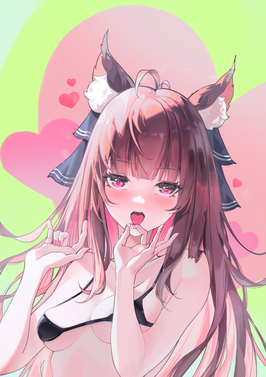 1girl absurdres ahoge animal_ear_fluff animal_ears bikini black_bikini blush brown_hair commentary goguhaku hands_up heart heart-shaped_pupils highres holo long_hair looking_at_viewer micro_bikini open_mouth pink_eyes pink_nails solo spice_and_wolf string_bikini swimsuit symbol-shaped_pupils tongue tongue_out upper_body