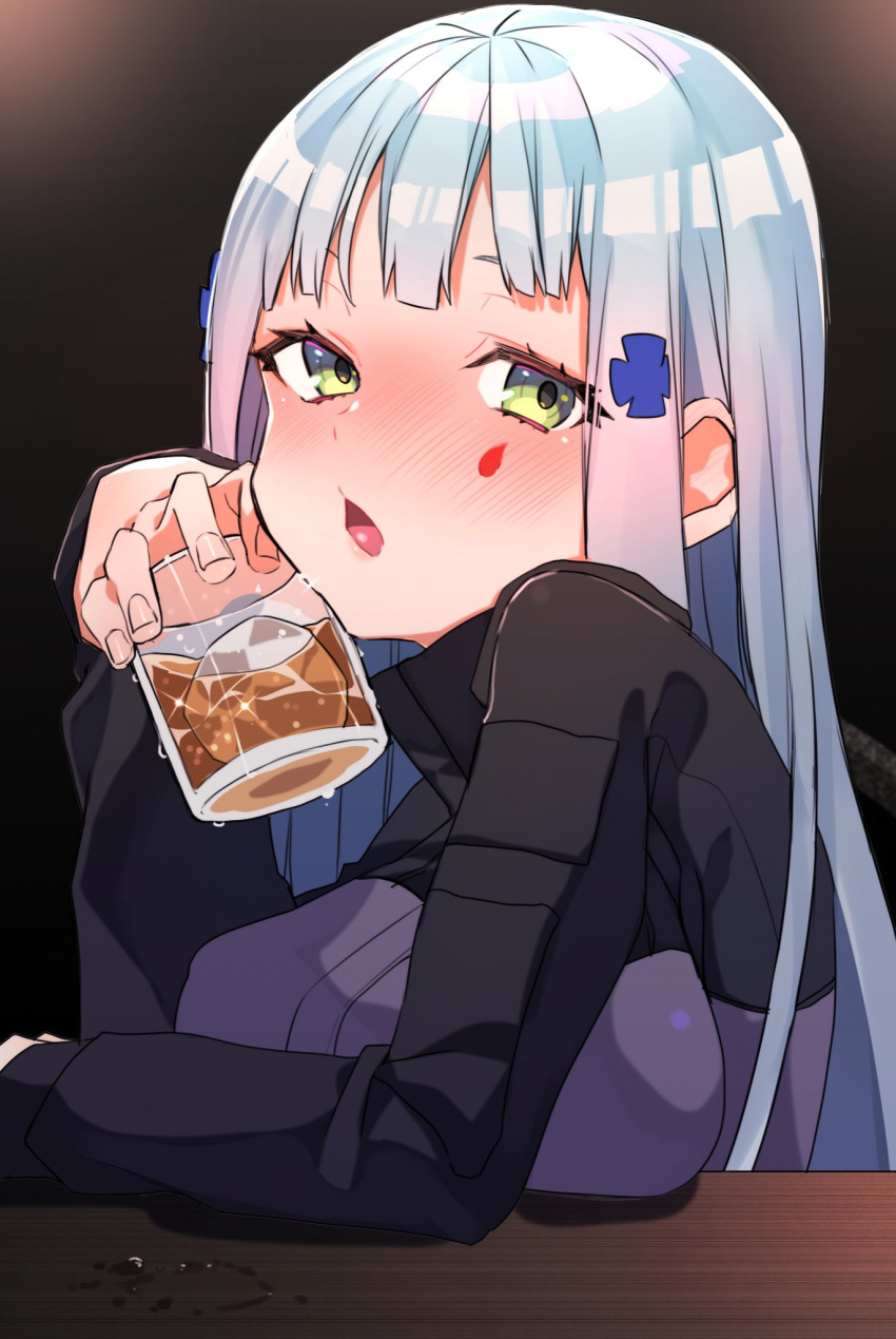 1girl alcohol bangs blush commentary_request cup facial_mark girls_frontline girusyu1945 green_eyes highres hk416_(girls_frontline) holding holding_cup ice jacket long_hair long_sleeves looking_at_viewer open_mouth silver_hair solo upper_body whiskey