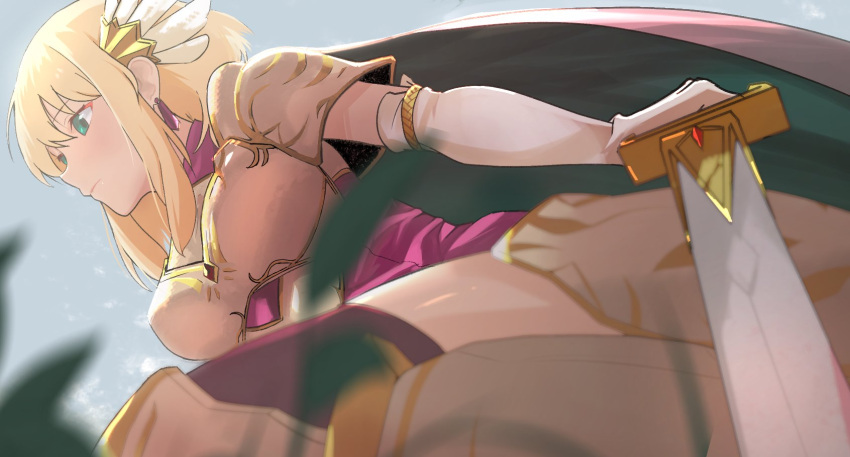 1girl ahonoko armor blonde_hair breastplate cape closed_mouth dress earrings elbow_gloves fire_emblem fire_emblem:_thracia_776 fire_emblem_heroes from_below gloves grass green_eyes highres holding holding_sword holding_weapon jewelry nanna_(fire_emblem) official_alternate_costume pink_dress short_hair solo sword weapon white_gloves