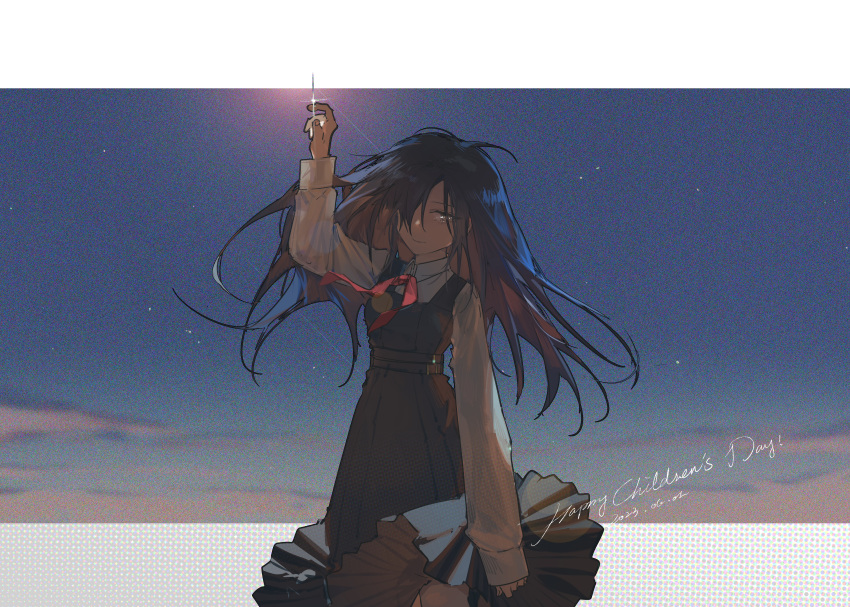 1girl absurdres aged_down angelia_(girls'_frontline) black_dress black_hair blueblossom brown_eyes closed_mouth cloud collared_shirt dated dress english_commentary english_text evening girls'_frontline hand_up highres knee_up long_hair long_sleeves neckerchief red_neckerchief shirt sky solo star_(sky) white_shirt