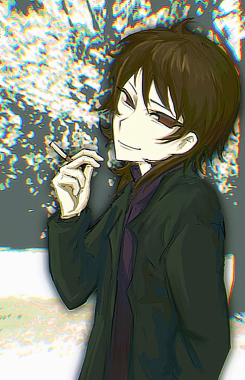 1boy 404_(1531294234) absurdres black_jacket brown_eyes brown_hair chinese_commentary chromatic_aberration cigarette closed_mouth commentary_request harada_minoru highres holding holding_cigarette jacket long_sleeves male_focus medium_hair open_clothes open_jacket purple_sweater saibou_shinkyoku smile solo sweater turtleneck turtleneck_sweater upper_body