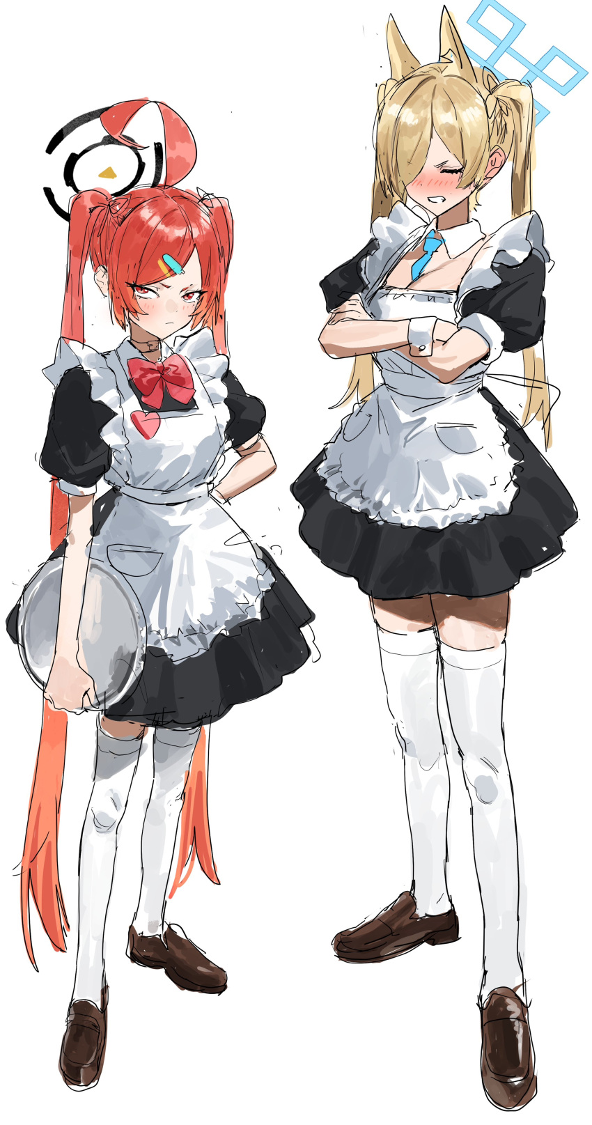 2girls absurdres ahoge alternate_costume alternate_hair_length alternate_hairstyle animal_ears apron blonde_hair blue_archive blue_necktie blush bow breasts cleavage cleavage_cutout clenched_teeth closed_eyes closed_mouth clothing_cutout crossed_arms detached_collar dog_ears enmaided extra_ears hair_ornament hair_over_one_eye hairclip halo hand_on_own_hip heart highres holding holding_tray huge_ahoge kanna_(blue_archive) kosubi_(tsuneta328) loafers long_hair maid maid_apron mole mole_under_each_eye mole_under_eye multiple_girls multiple_moles necktie neru_(blue_archive) open_mouth parted_bangs red_bow red_eyes red_hair shoes short_eyebrows sidelocks teeth thighhighs tray twintails very_long_hair white_thighhighs wrist_cuffs