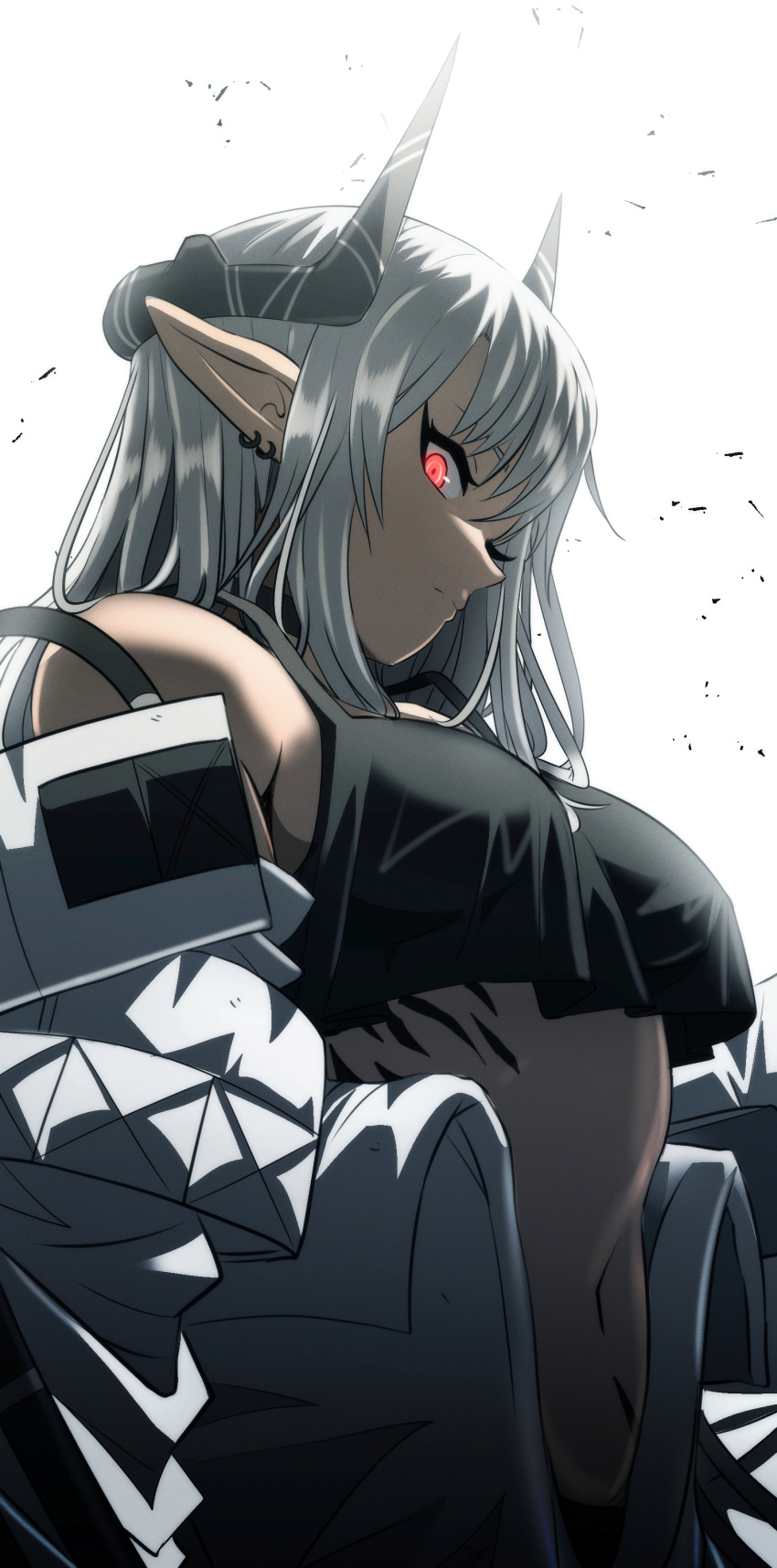1girl absurdres arknights backlighting black_sports_bra breasts closed_mouth commentary cowboy_shot demon_horns ear_piercing english_commentary from_below from_side glowing glowing_eyes grey_hair highres horns jumpsuit long_hair looking_at_viewer looking_down medium_breasts mudrock_(arknights) mudrock_(elite_ii)_(arknights) navel open_jumpsuit oripathy_lesion_(arknights) piercing pointy_ears profile red_eyes samacho simple_background solo sports_bra standing white_background white_jumpsuit
