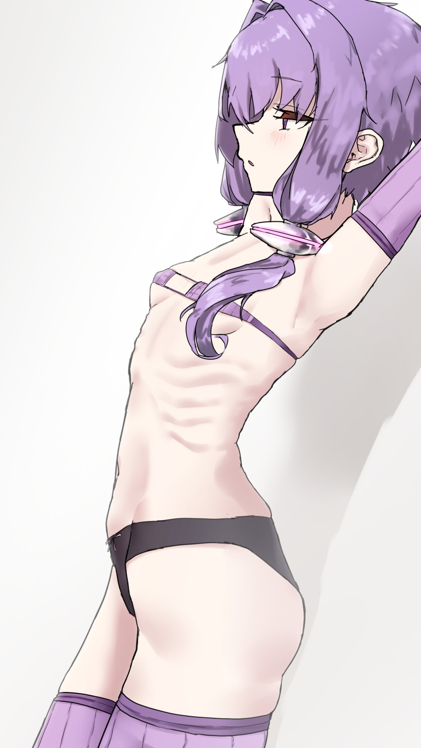 1girl absurdres akumuruji arms_up bikini bikini_top_only black_panties breasts elbow_gloves expressionless eyepatch_bikini from_side gloves highres navel panties parted_lips profile purple_eyes purple_gloves purple_hair purple_thighhighs ribs short_hair_with_long_locks small_breasts solo swimsuit thighhighs underwear vocaloid voiceroid yuzuki_yukari