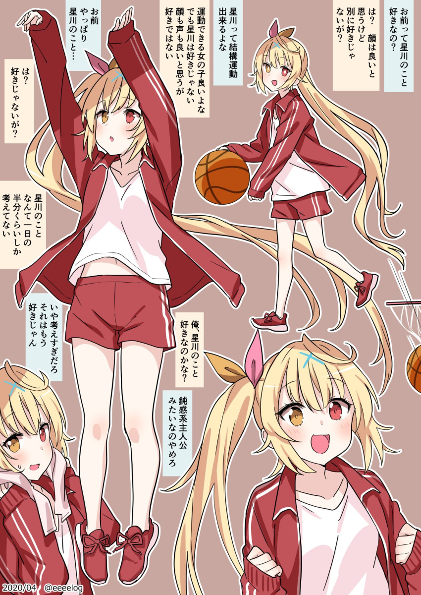 1girl ahoge alternate_costume ball basketball_(object) bike_shorts blonde_hair brown_background commentary_request dated dot_nose full_body gym_shirt gym_shorts gym_uniform h_(eitilog) hair_ornament hair_ribbon heterochromia highres hoshikawa_sara jacket long_hair long_sleeves multiple_views navel nijisanji open_clothes open_jacket open_mouth orange_eyes orange_ribbon pink_ribbon playing_sports red_eyes red_footwear red_jacket red_shorts ribbon shirt shoes shorts side_ponytail simple_background sleeves_past_wrists smile sportswear standing t-shirt track_jacket translation_request twitter_username upper_body very_long_hair virtual_youtuber watermark white_shirt x_hair_ornament