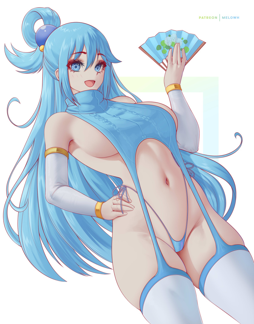 1girl absurdres aqua_(konosuba) bare_shoulders blue_eyes blue_hair breasts detached_sleeves folding_fan hair_ornament hand_fan highleg highleg_panties highres kono_subarashii_sekai_ni_shukufuku_wo! large_breasts long_hair looking_at_viewer melowh meme_attire navel open_mouth panties sideboob single_hair_ring smile solo thighhighs thighs underwear virgin_destroyer_sweater