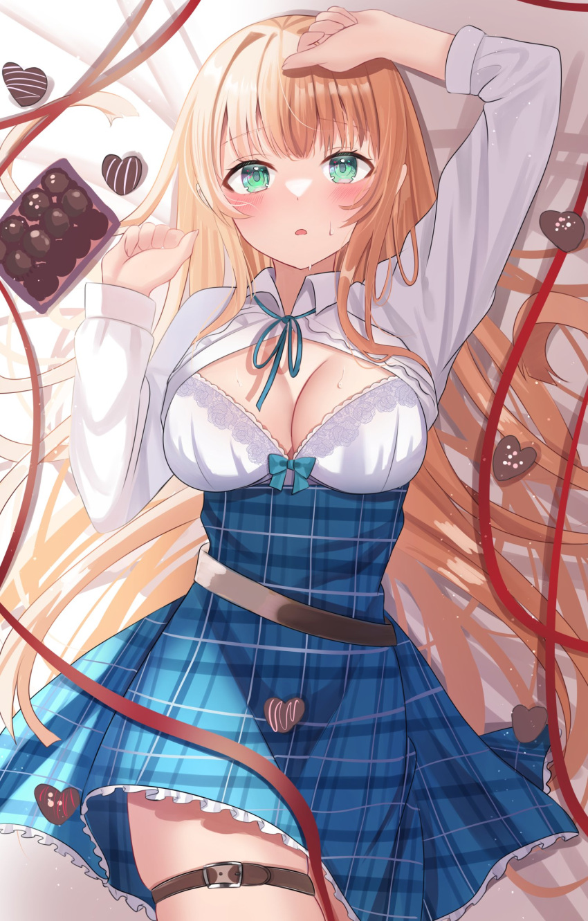 1girl anna_(shadowverse) aqua_eyes blonde_hair blue_skirt blush bow bow_bra bra breasts candy chocolate cleavage collared_shirt commission food frilled_skirt frills heart heart-shaped_chocolate high-waist_skirt highres long_hair long_sleeves nibosinokona open_clothes open_mouth open_shirt plaid plaid_skirt red_ribbon ribbon shadowverse shirt skeb_commission skirt solo thigh_strap underwear very_long_hair white_bra white_shirt