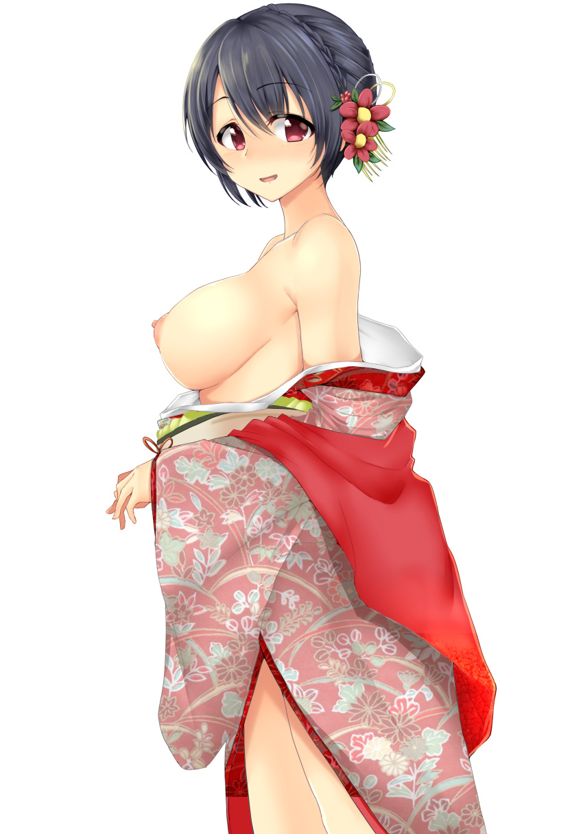 absurdres alternate_costume alternate_hairstyle areolae bare_shoulders black_hair blush breasts breasts_outside eyebrows_visible_through_hair flower fusou_(kantai_collection) hair_between_eyes hair_bun hair_flower hair_ornament highres japanese_clothes kantai_collection kimono kon5283 large_breasts looking_at_viewer looking_to_the_side nipples off-shoulder_kimono red_eyes red_kimono