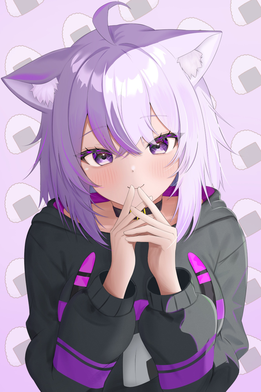 1girl absurdres ahoge animal_ears black_choker black_hoodie blush cat_ears cat_girl choker closed_mouth commentary_request hair_between_eyes highres hololive hood hood_down hoodie long_sleeves looking_at_viewer nekomata_okayu nekomata_okayu_(1st_costume) onigiri_print print_hoodie puffy_long_sleeves puffy_sleeves purple_background purple_eyes purple_hair short_hair solo upper_body virtual_youtuber zone_bell_nyan