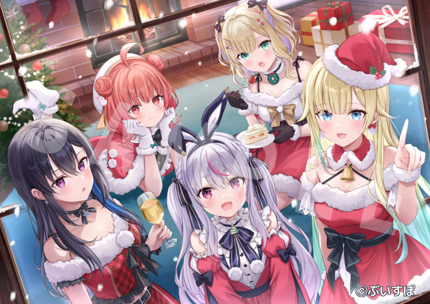 5girls :d :o ahoge aizawa_ema animal_ears aqua_hair bare_shoulders beret black_gloves black_hair black_hairband blonde_hair blue_eyes blush box breasts brown_hair cake cake_slice capelet christmas christmas_ornaments christmas_tree cleavage closed_mouth collarbone commentary_request cup detached_sleeves double_bun dress drink drinking_glass fire fireplace food from_outside fur-trimmed_capelet fur-trimmed_dress fur-trimmed_gloves fur-trimmed_headwear fur-trimmed_legwear fur_trim gift gift_box gloves gradient_hair green_eyes grey_hair hair_between_eyes hair_bun hairband hand_up hat higeneko holding holding_cup holding_plate ichinose_uruha indoors juliet_sleeves kurumi_noah legs_up long_hair long_sleeves lying medium_breasts multicolored_hair multiple_girls no_shoes off-shoulder_dress off_shoulder official_art on_stomach parted_lips plate puffy_sleeves purple_eyes purple_hair rabbit_ears red_capelet red_dress red_eyes red_headwear red_sleeves santa_costume santa_hat short_eyebrows smile snowman_hair_ornament socks soles streaked_hair thick_eyebrows tilted_headwear tosaki_mimi twintails very_long_hair vspo! white_gloves white_headwear white_socks window wooden_floor x-ray yumeno_akari