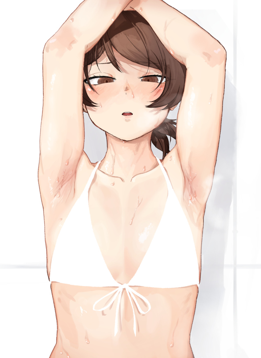 1girl absurdres armpits arms_up bikini blush breasts brown_eyes brown_hair commentary_request furrowed_brow girls_und_panzer highres kawanishi_shinobu looking_at_viewer parted_lips short_hair short_ponytail simple_background small_breasts solo straight-on sweat swimsuit toku_(yhpv8752) upper_body very_sweaty white_background white_bikini