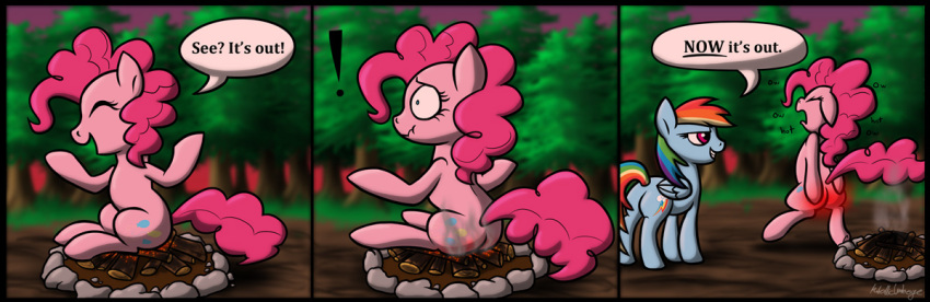 burning butt butt_on_fire campfire comic cutie_mark dialogue digital_media_(artwork) duo earth_pony english_text equid equine female feral fire friendship_is_magic hasbro horse mammal metallicumbrage my_little_pony pain pegasus pinkie_pie_(mlp) plant pony rainbow_dash_(mlp) semi-anthro smoke speech_bubble stupidity text tree wings