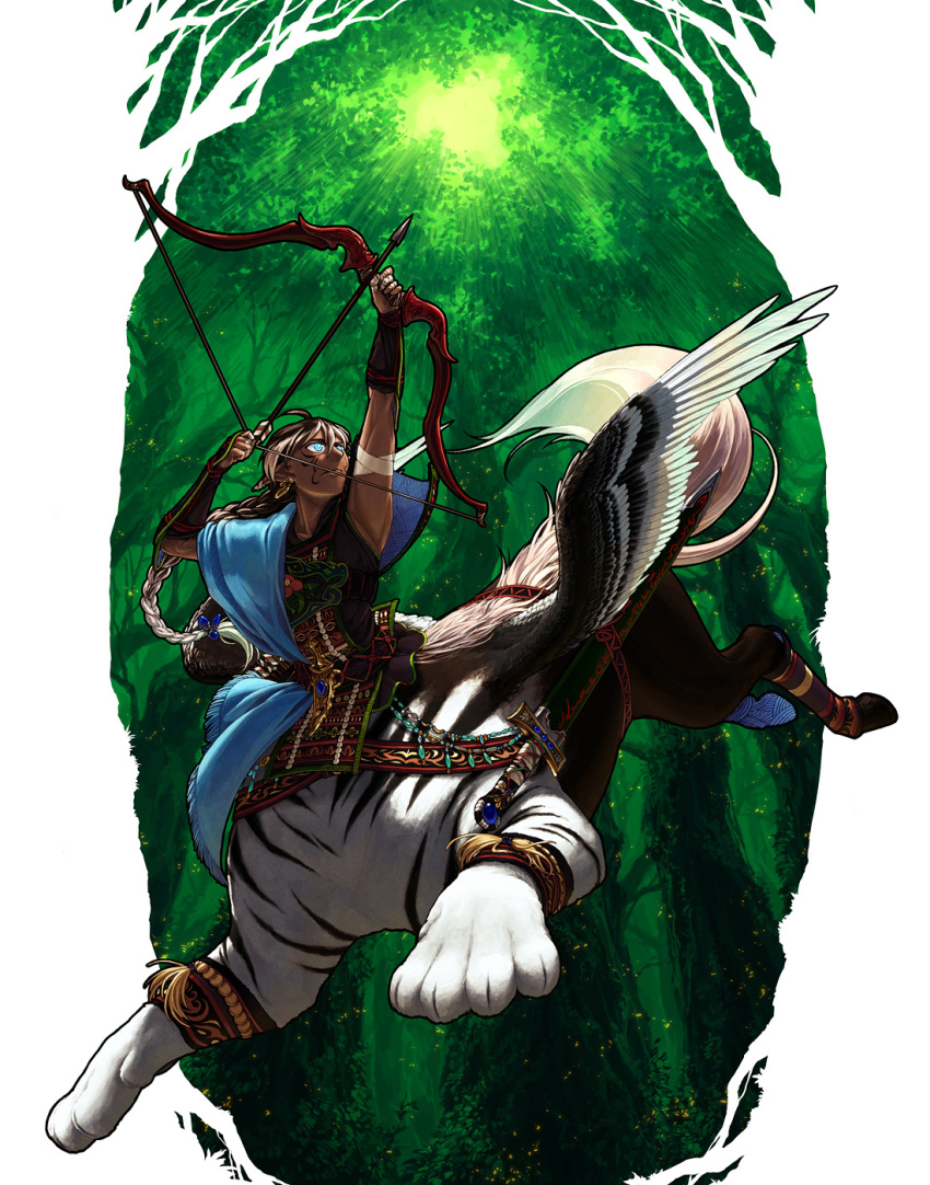 1boy ahoge aiming arm_guards arm_up armpits arrow_(projectile) bandaged_fingers bandages beads black_wings blonde_hair blue_eyes blue_gemstone bow_(weapon) braid braided_ponytail brown_hair closed_mouth dagger dark-skinned_male dark_skin day drawing_bow earrings facepaint facial_mark feathered_wings forest frown full_body gem hair_between_eyes hand_up highres holding holding_arrow holding_bow_(weapon) holding_weapon hooves jewelry jumping knife long_hair looking_to_the_side looking_up male_focus multicolored_hair multicolored_wings nature outside_border pixiv_genealogy_of_life pointy_ears sheath sheathed single_braid sleeveless solo sword tabard taur thighlet tiger_boy tree very_long_hair watari_taichi weapon white_hair white_wings wind_chime wings
