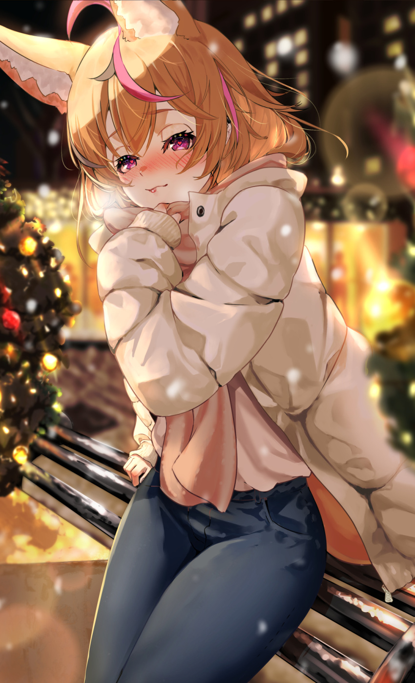 1girl animal_ear_fluff animal_ears black_hair blonde_hair blue_pants blush brown_jacket christmas_tree fox_ears fox_girl fox_tail heart heart_in_eye highres hololive jacket long_hair looking_at_viewer multicolored_hair omaru_polka pants pink_hair purple_eyes snowing streaked_hair symbol_in_eye tail takotobuta virtual_youtuber