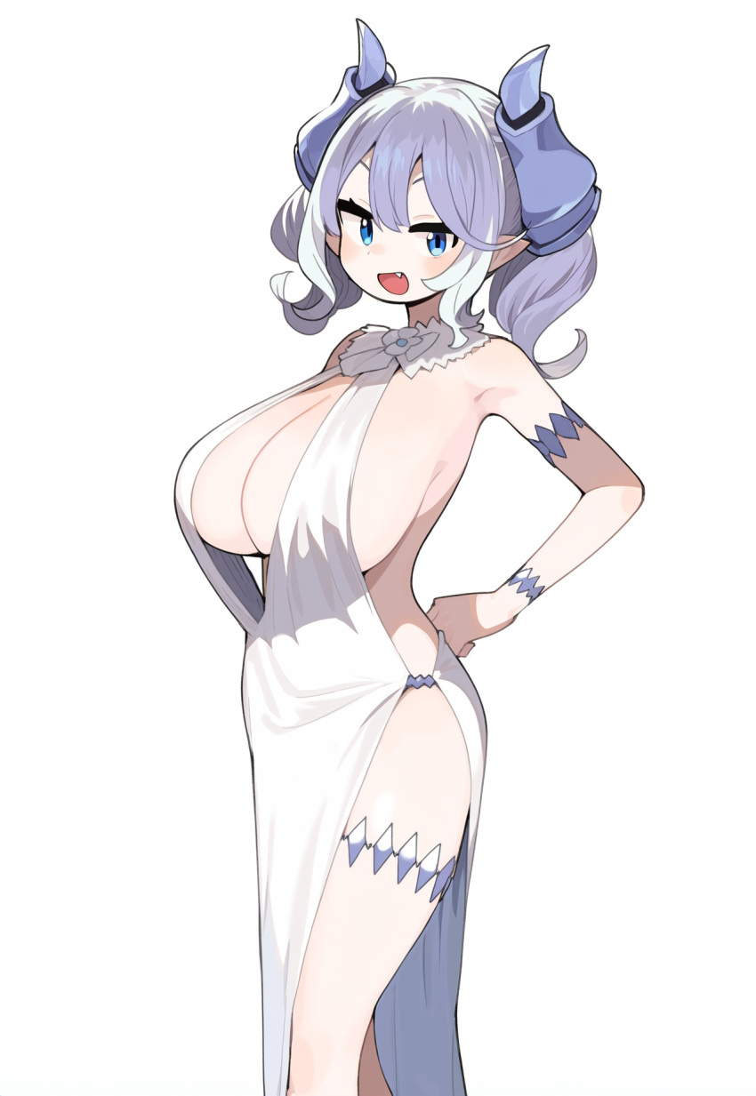 1girl :d ako_(blue_archive) ako_(blue_archive)_(cosplay) ako_(dress)_(blue_archive) alternate_color blue_archive blue_eyes blue_horns breasts cleavage commentary commission cosplay duel_monster fang highres hiita_(hitta_99) horns large_breasts looking_at_viewer lovely_labrynth_of_the_silver_castle official_alternate_costume open_mouth pixiv_commission pointy_ears short_hair simple_background skin_fang smile solo standing thighs twintails white_background white_hair yu-gi-oh!