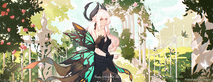 1girl absurdres alkyne_gui arch artist_name bare_shoulders black_dress black_halo blue_sky braid breasts bug bush butterfly butterfly_wings character_name chinese_commentary cloud commentary copyright_name cowboy_shot crinoline curled_fingers dated detached_sleeves dress earrings fence floral_arch flower frilled_dress frills from_behind garden grass half_updo halo halo_behind_head happy_birthday highres insect_wings jewelry leaf liv:_empyrea_(dreamcatcher)_(punishing:_gray_raven) liv:_empyrea_(punishing:_gray_raven) liv_(punishing:_gray_raven) looking_at_viewer looking_back low_wings medium_breasts official_alternate_costume outdoors pink_eyes pink_flower puffy_detached_sleeves puffy_sleeves punishing:_gray_raven ribbon_earrings side_braid sky solo strapless strapless_dress tree twitter_username white_hair wings wrist_cuffs