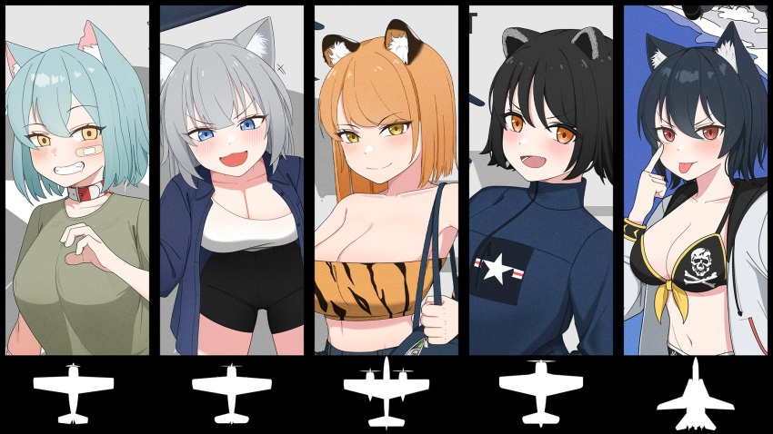 5girls :d :p aircraft airplane akanbe animal_ear_fluff animal_ears animal_print atamonica bandeau bear_ears bear_girl bikini black_bikini black_hair black_shorts blue_eyes blue_hair blue_jacket blush breasts cat_ears cat_girl choker cleavage closed_mouth english_commentary eyelid_pull f-14_tomcat f4f_wildcat f6f_hellcat f7f_tigercat f8f_bearcat fighter_jet front-tie_bikini_top front-tie_top green_shirt grey_hair grin hand_up highres hood hoodie jacket jet large_breasts looking_at_viewer medium_breasts midriff military_vehicle multicolored_choker multiple_girls navel open_mouth orange_bandeau orange_eyes orange_hair original personification red_choker red_eyes shirt short_hair shorts silhouette skull_and_crossbones smile swimsuit tiger_ears tiger_girl tiger_print tongue tongue_out turtleneck turtleneck_jacket united_states_navy v-shaped_eyebrows white_choker white_hoodie white_shirt yellow_eyes