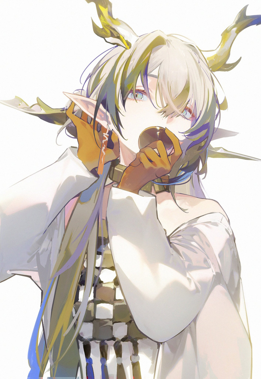 1girl arknights bare_shoulders black_shirt blue_eyes blue_hair checkered_clothes checkered_shirt colored_skin covering_own_mouth cup dragon_girl dragon_horns drive_shot earrings green_hair hair_between_eyes hair_over_one_eye hand_in_own_hair hand_up head_tilt highres holding holding_cup horns jacket jewelry long_hair long_sleeves looking_at_viewer multicolored_hair off_shoulder open_clothes open_jacket orange_skin pointy_ears shirt shu_(arknights) sidelocks simple_background solo streaked_hair tassel tassel_earrings two-tone_shirt upper_body white_background white_jacket white_shirt